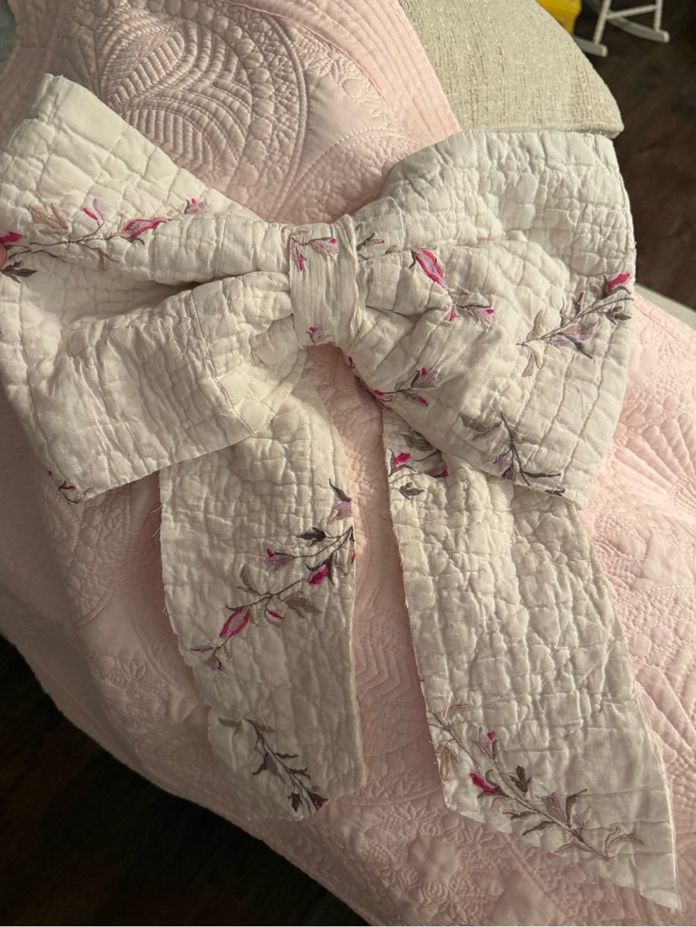 Quilted Floral Bow Accent - White with Pink Embroidery